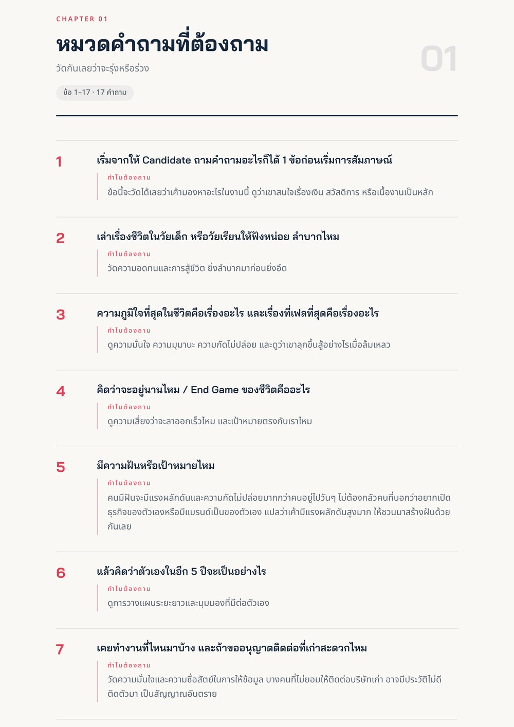 หน้าคำถามในอีบุ๊ก แต่ละข้อมีคำถามและบล็อกอธิบายว่าทำไมต้องถาม