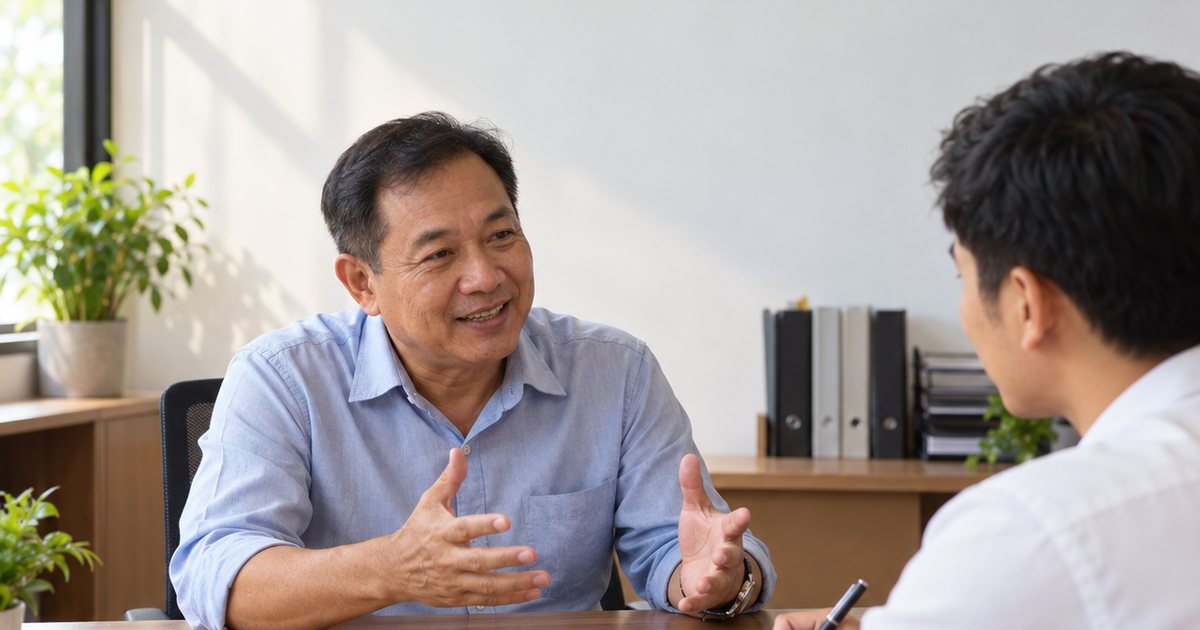 เจ้าของธุรกิจโน้มตัวมาเล่าเรื่องให้เซลล์ที่นั่งจดฟังในห้องประชุม