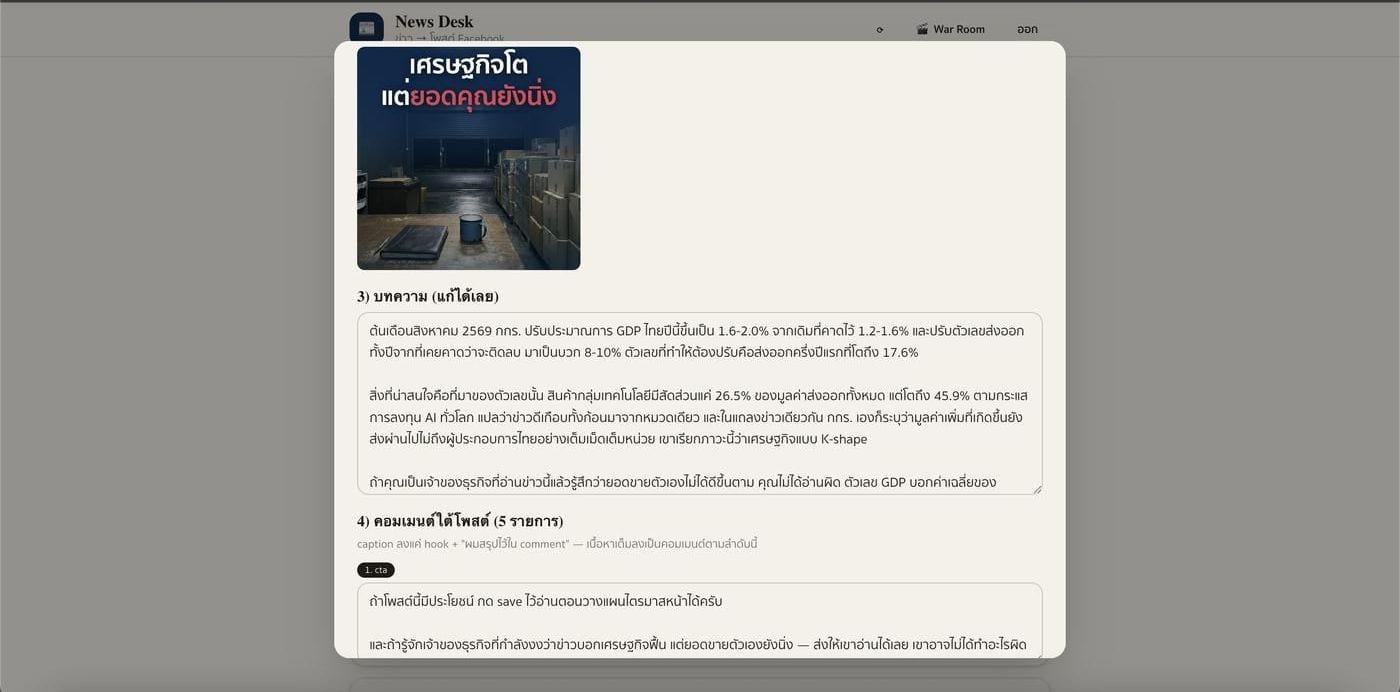 ร่างโพสต์พร้อมภาพปกและคอมเมนต์ต่อยอด ที่ระบบเขียนมาให้แก้