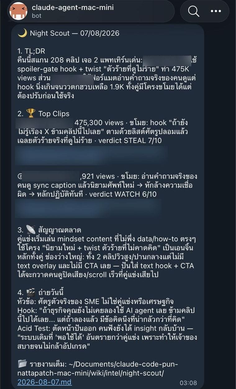รายงานที่ระบบส่งมาตอนตีสาม สรุปคลิปที่กำลังเวิร์กในตลาด ให้คะแนน และเสนอหัวข้อถ่ายของวันนี้พร้อมเหตุผล ชื่อช่องถูกเบลอ